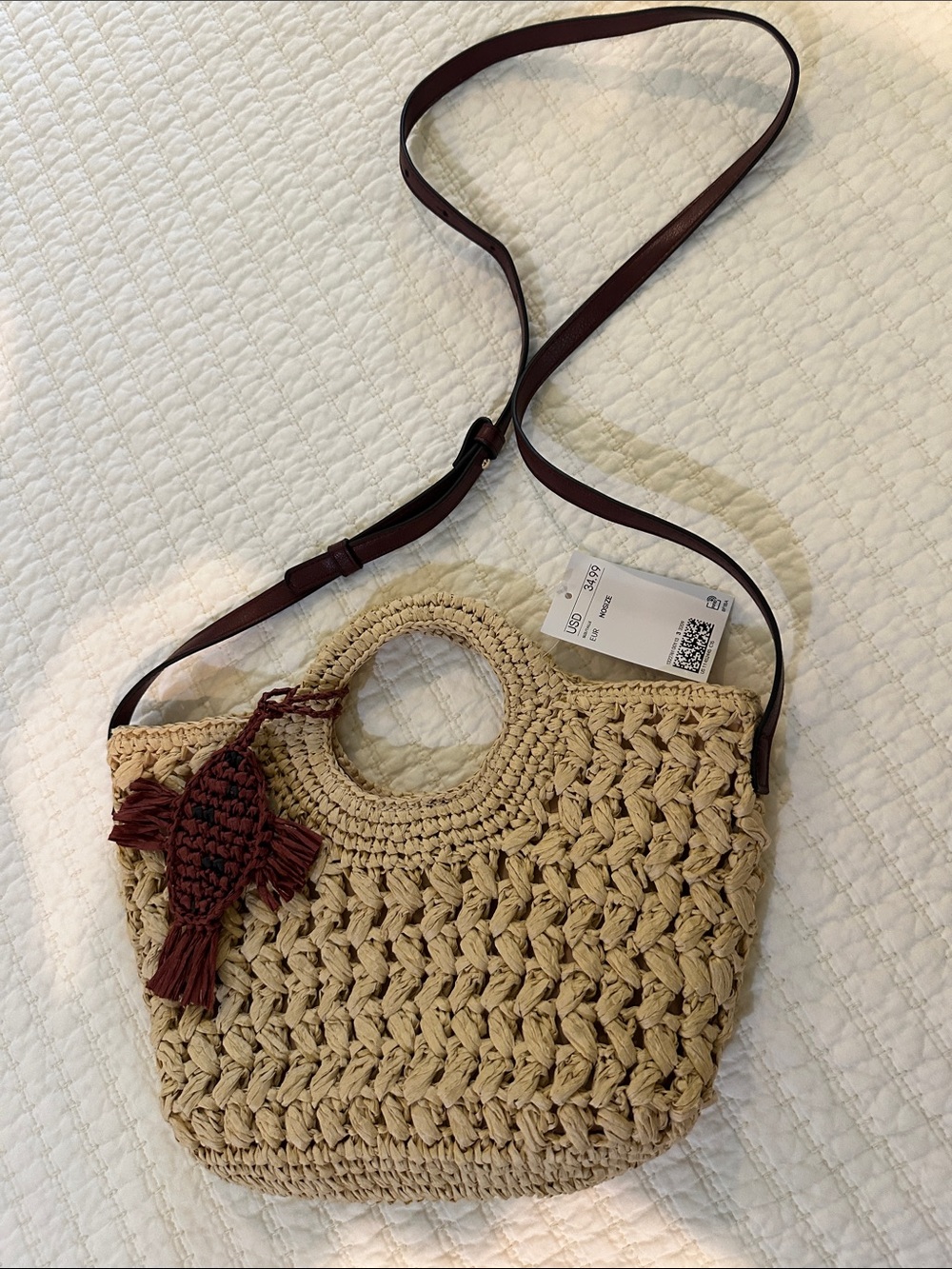 H&M Beige Straw Crossbody Bag with Brown Strap and Tassel